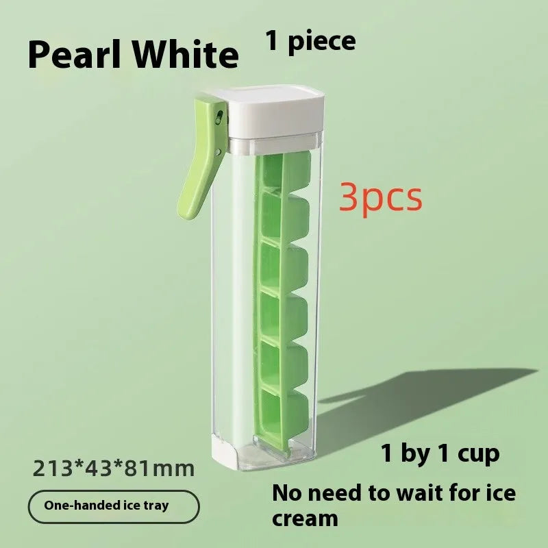 Flexible ice cube tray in Maldives colour with one-touch release and storage box on white surface