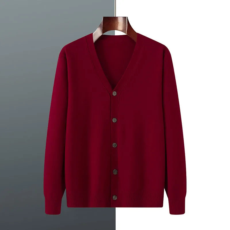 Men's loose-fit V-neck cardigan coat in Andy velvet fabric shown in beige colour.