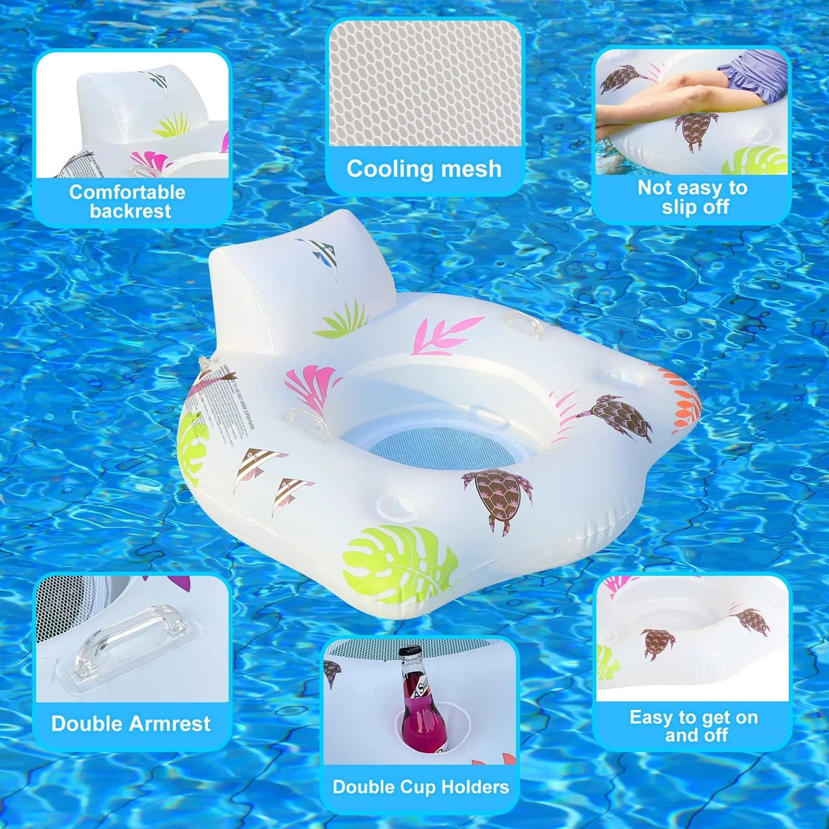 White luminous U-shaped inflatable seat float for water reclining.
