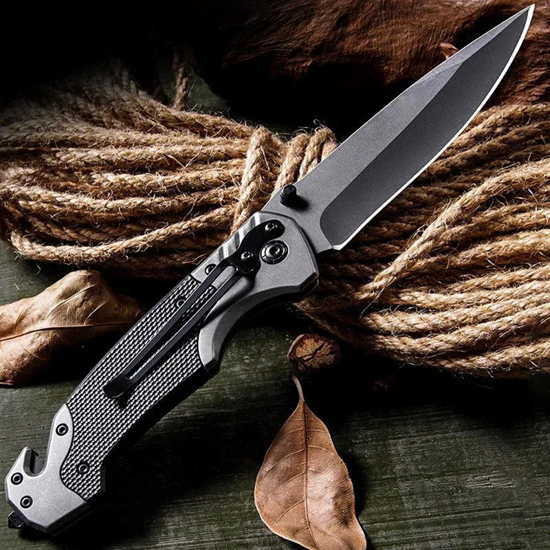 Alloy folding knife with a 225mm blade shown open, displaying its 60-degree tip angle.