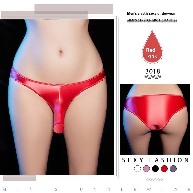 Men's shiny nylon low waist T-back underwear shown in black colour.