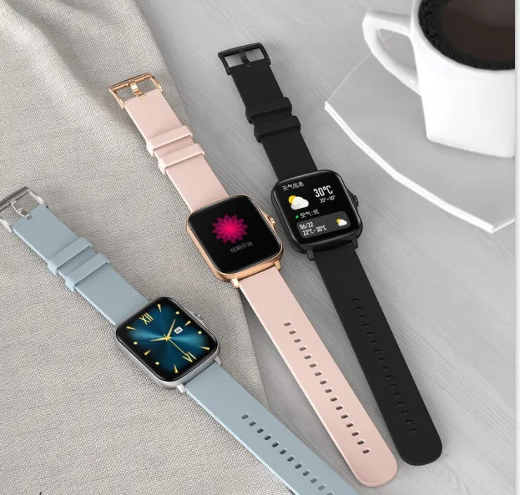 Smart watch with 1.7-inch colour touch screen showing fitness data, available in black, blue, or gold with adjustable strap