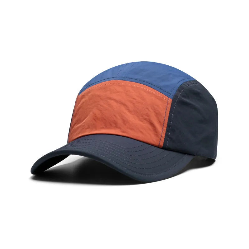 Men's khaki five-panel baseball cap with a curved brim and adjustable snap-back strap on a plain background.