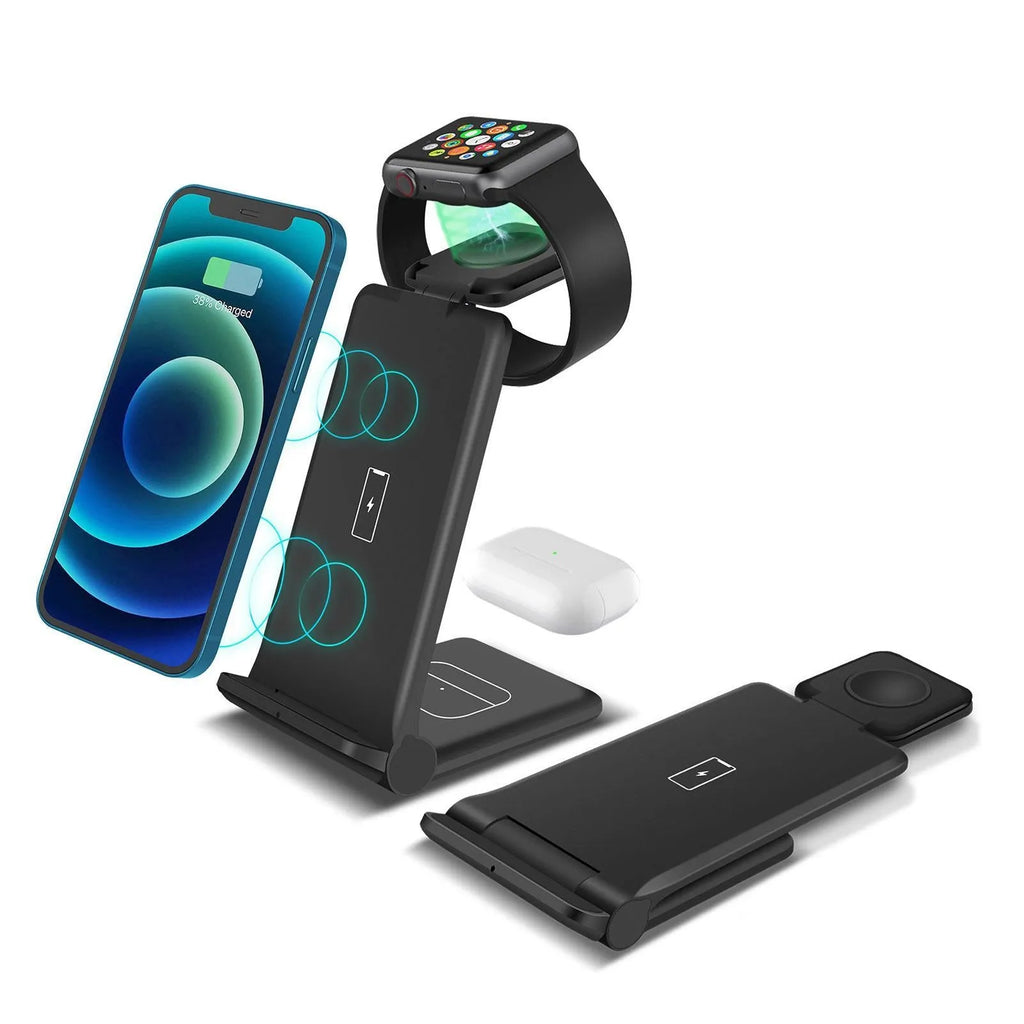 White 3 in 1 wireless charging station showing iPhone, AirPods and Apple Watch charging simultaneously