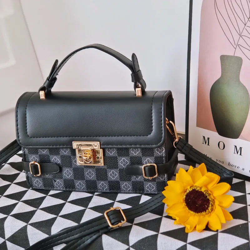 Structured small square PU crossbody bag in apricot with a retro pattern and file compartment.