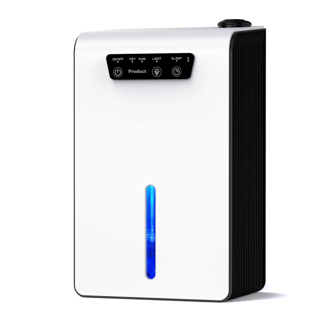 Milky white compact household dehumidifier with removable water tank for bedroom moisture control