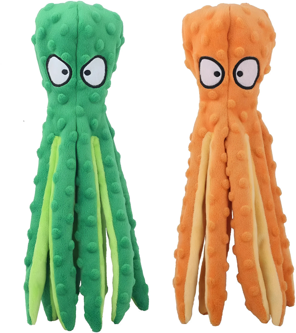 Blue unfilled octopus plush dog toy with crinkle and squeaker, shown next to a tape measure indicating its 32cm length.