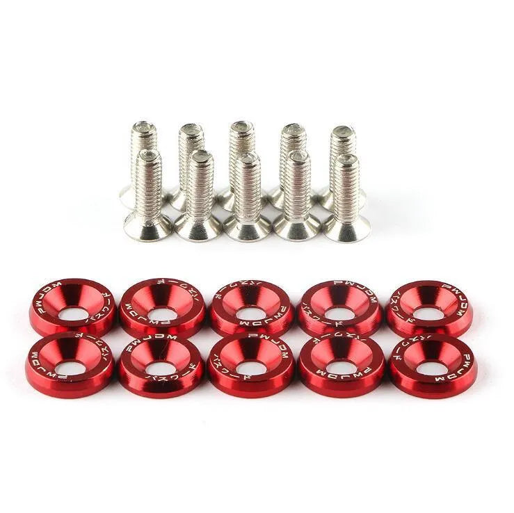 Car modification gasket screw bolt washer kit showing eight anodised colour options for engine bay customisation