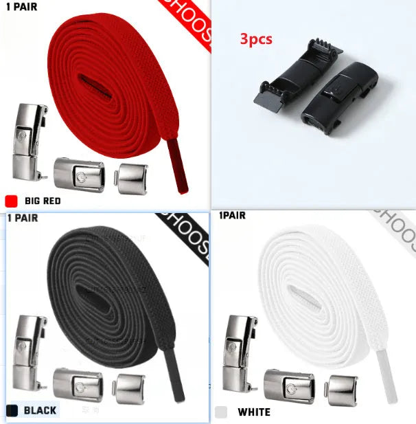 Set of press lock elastic no-tie shoelaces in 8mm widened flat design on a white background.