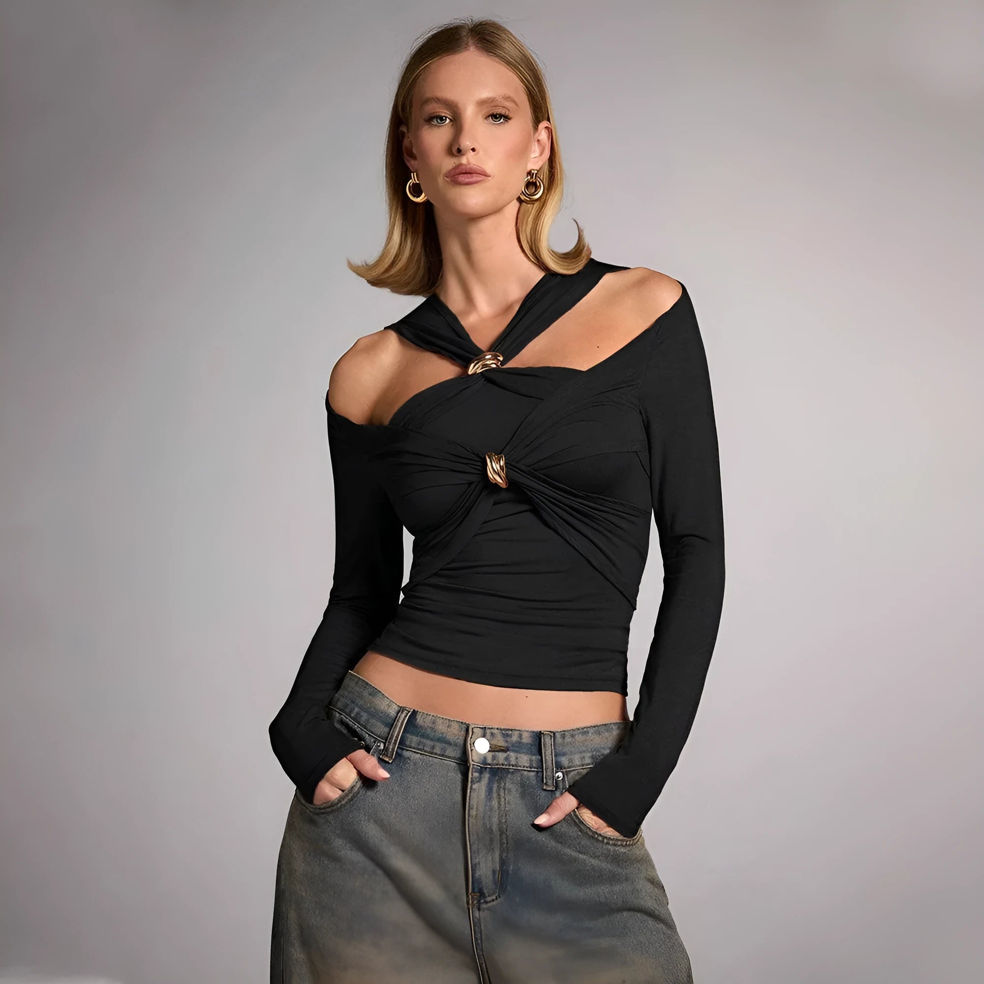 Black women's halter top with shoulder-baring design and long sleeves