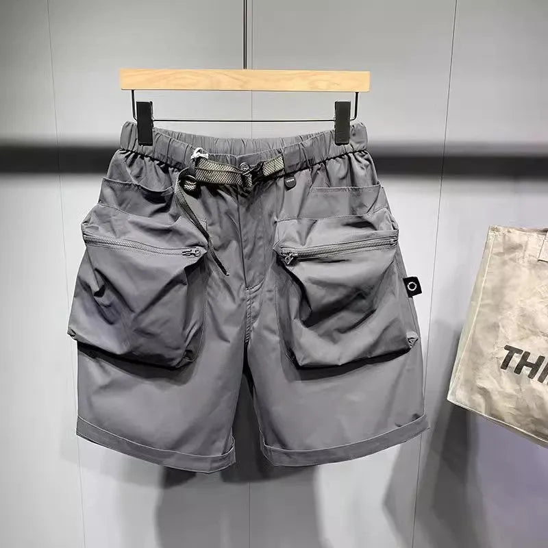 Men's large size work shorts with multiple pockets in black and grey colours