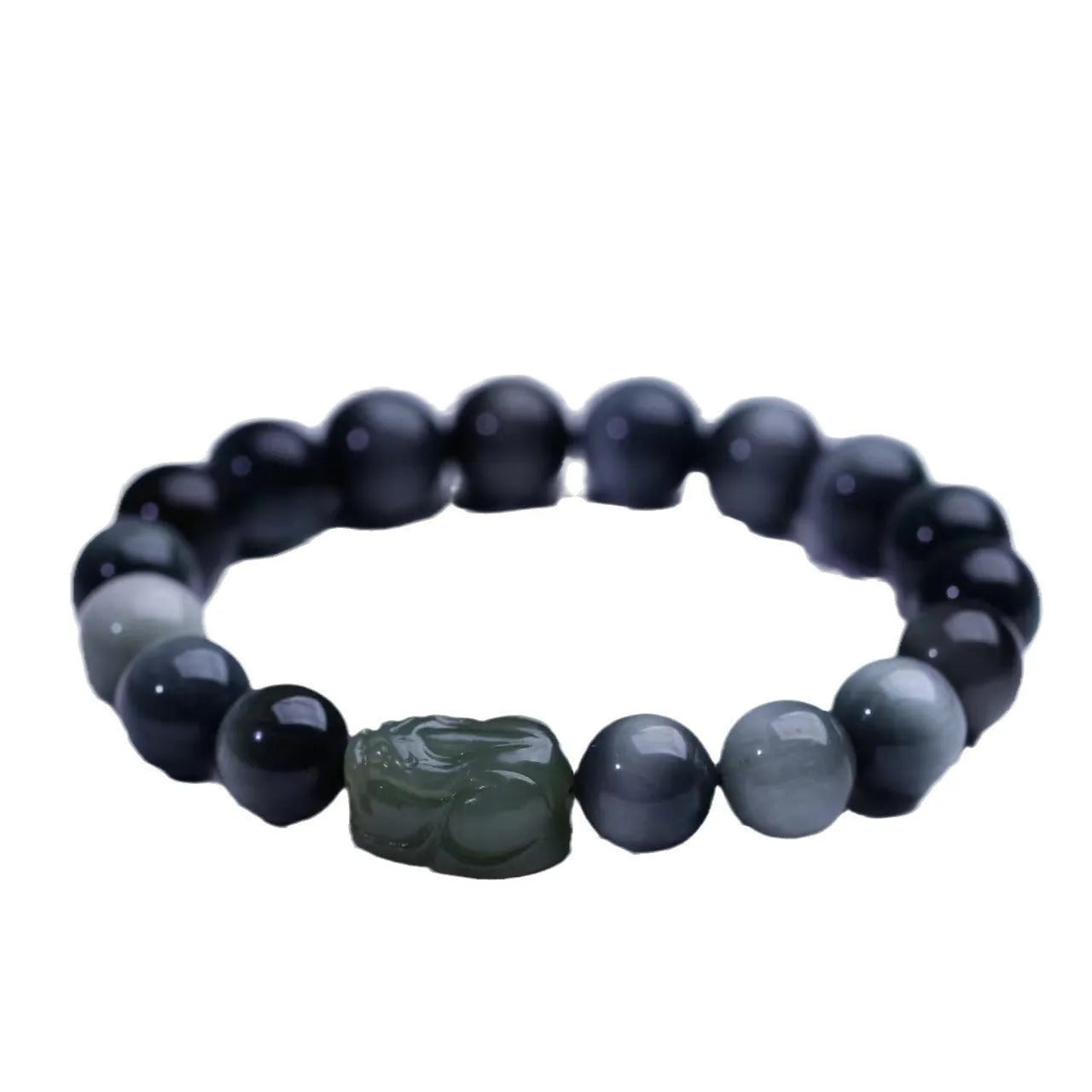Black 10mm Eagle Eye Stone bracelet with a natural Hetian Jade Pixiu charm showing a clear water pattern.