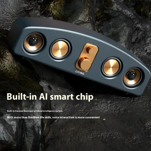 Retro portable Bluetooth speaker with wood grain finish and USB cable for outdoor use