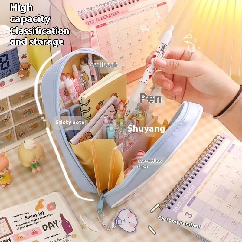 Transparent cartoon pencil case with caramel bear design and large capacity for student stationery