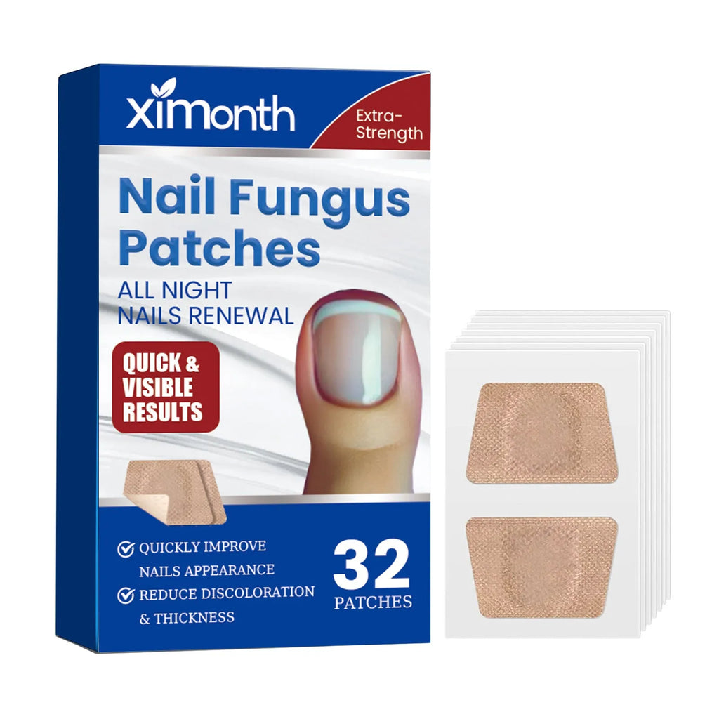 Box of 32 nail repair adhesive bandage patches for cracked nails, shown with one patch removed.