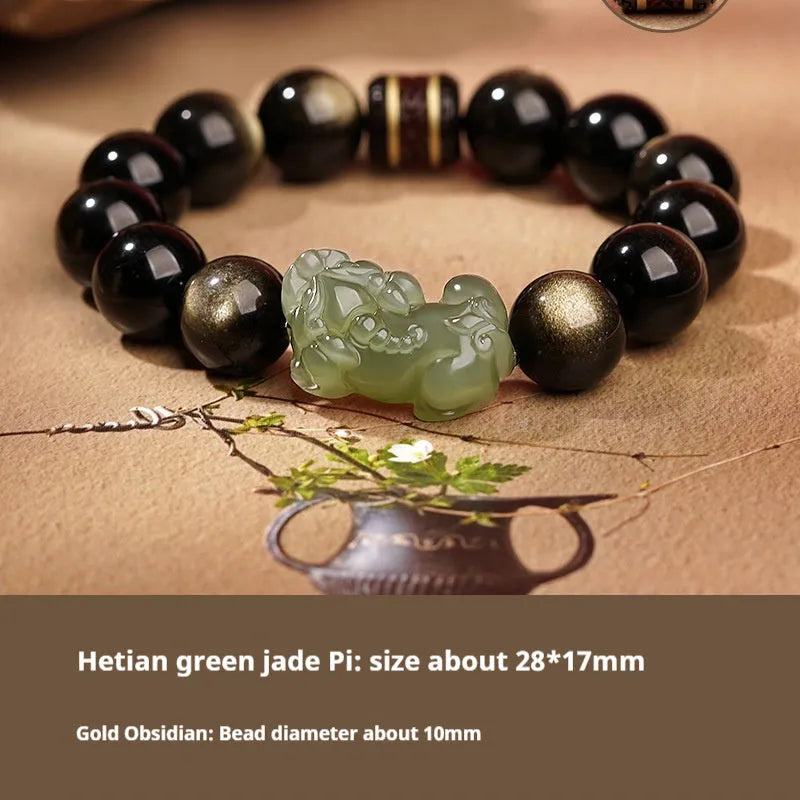 Close-up of a brown and black braided rope bracelet with a central Hetian jade bead on a wrist.