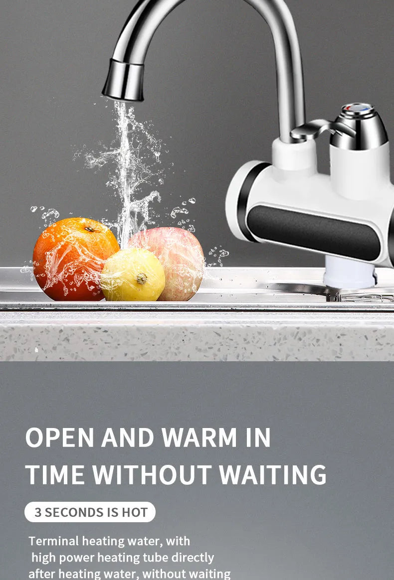 White electric instant water heater with digital display for kitchen sink installation.