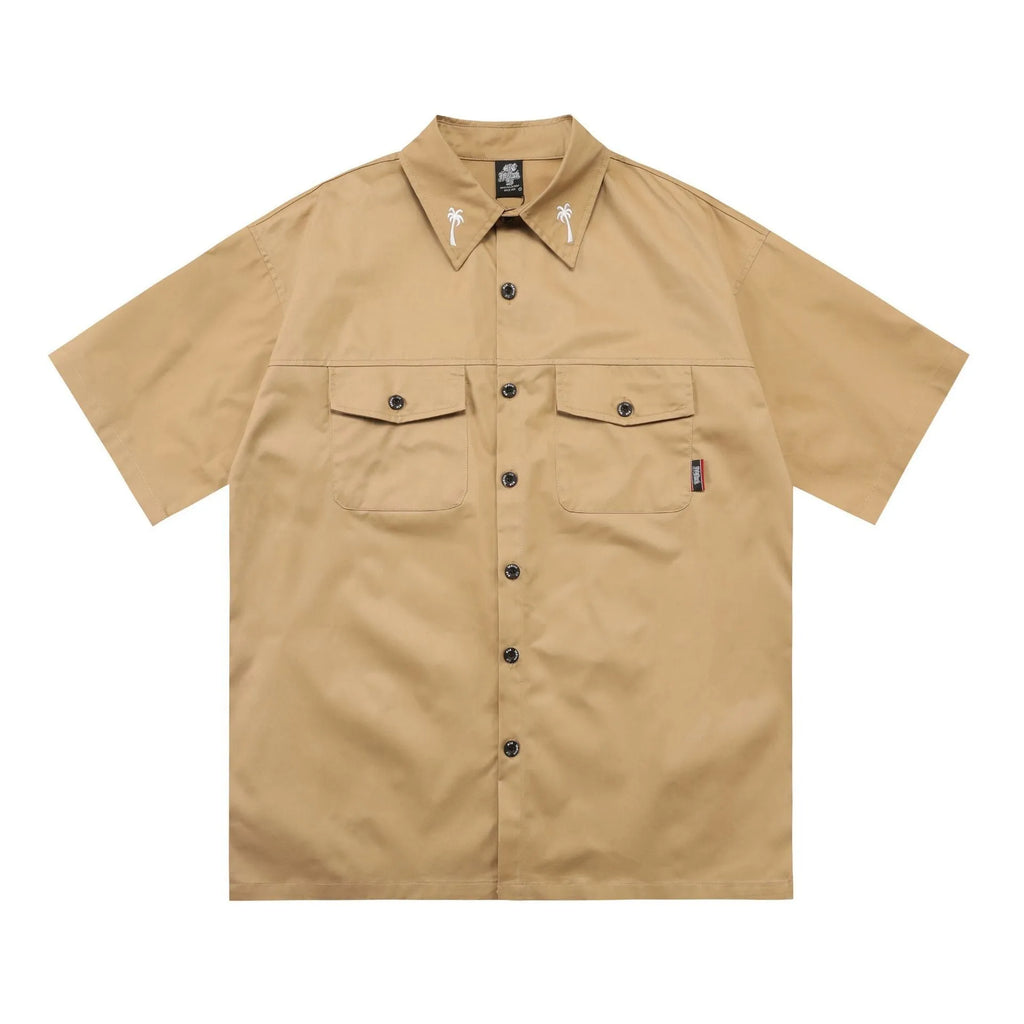 Men's loose fit half sleeve shirt with embroidery in black or khaki colour options