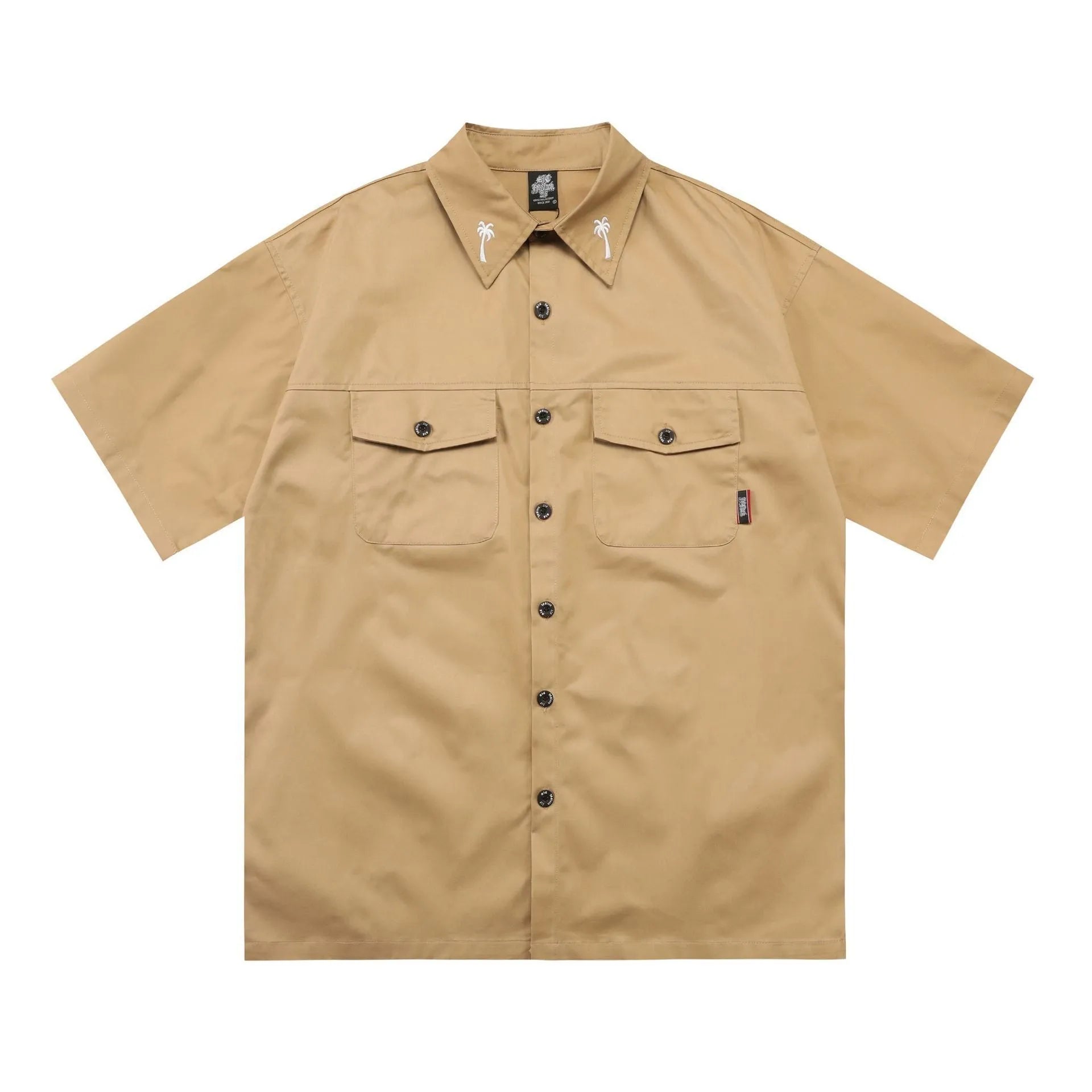 Men's loose fit half sleeve shirt with embroidery in black or khaki colour options