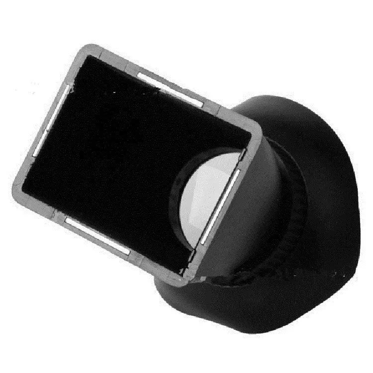 Black camera LCD viewfinder magnifier with magnetic attachment shown on a DSLR camera.