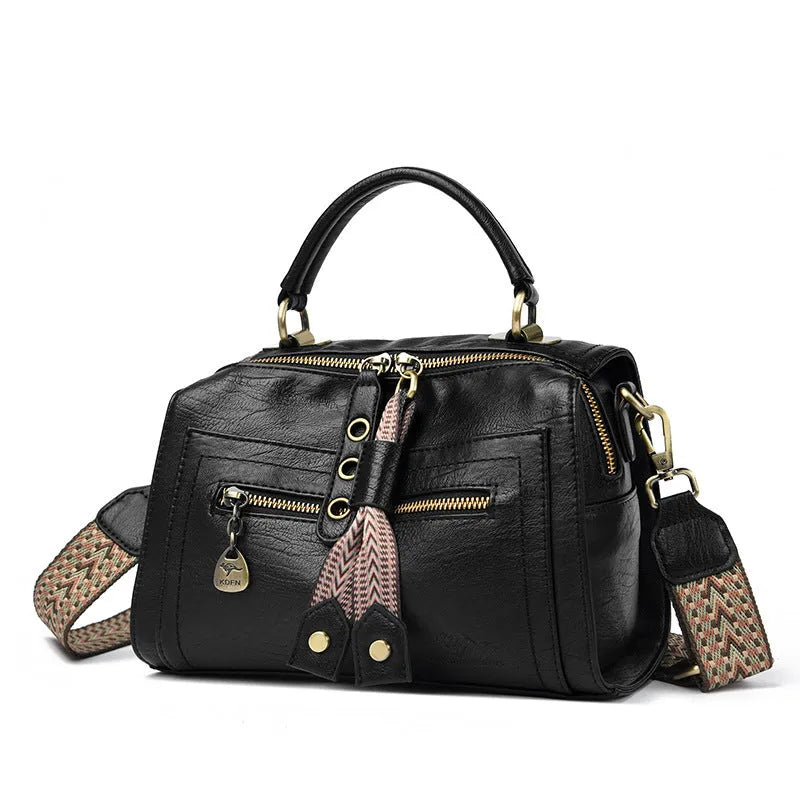 Women's retro style crossbody bag in soft PU leather with sandwich pocket, shown in six colour options
