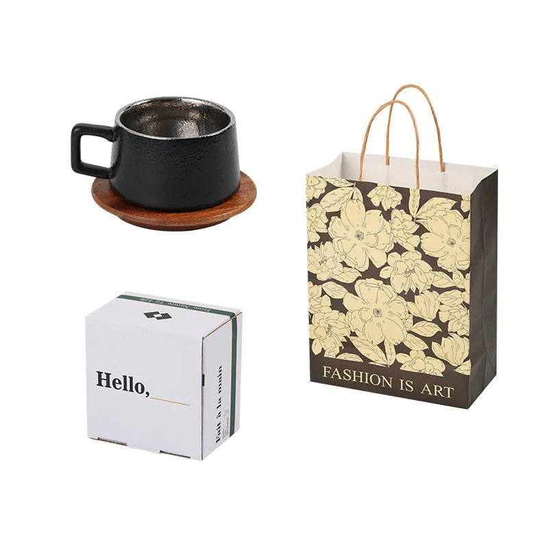 Gold and silver-plated gift boxes containing a solid colour 250ml tumbler cup and optional gift bag.