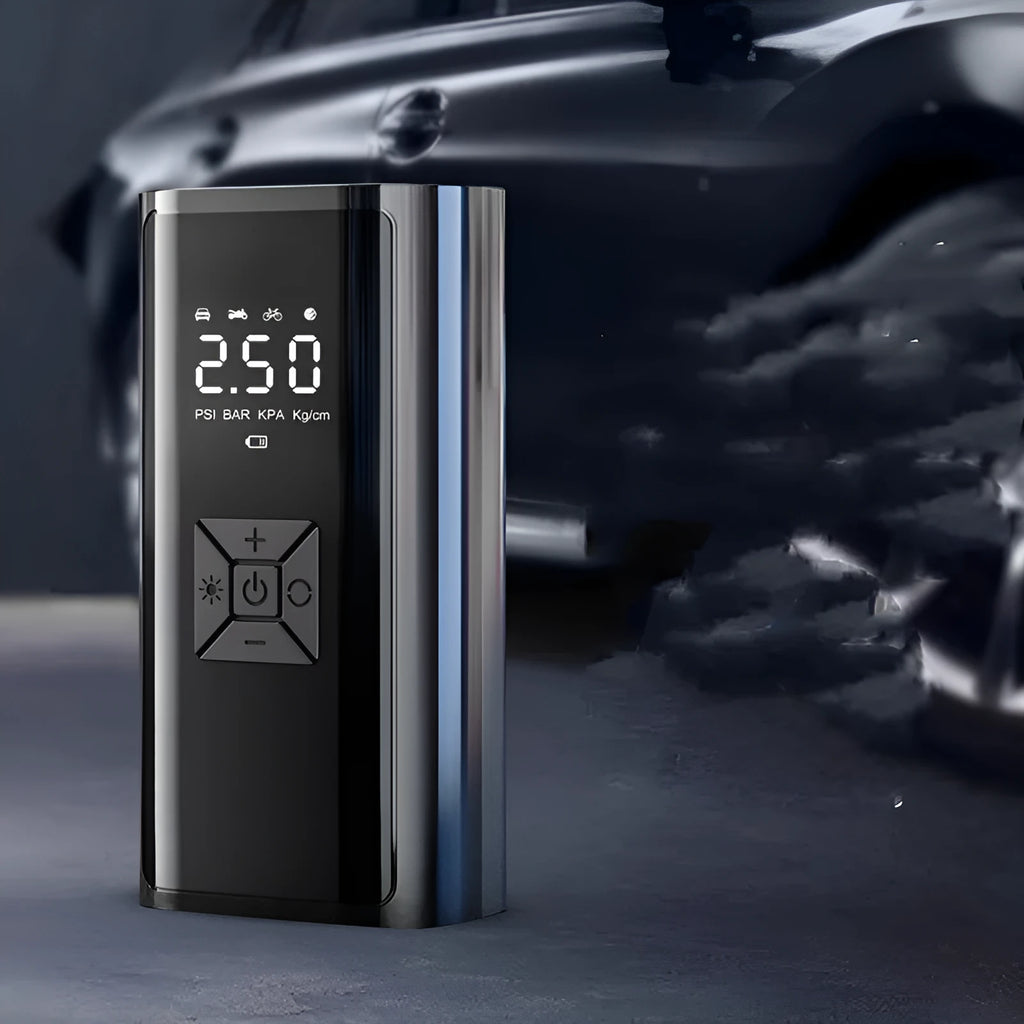Portable wireless digital car tyre pump with display showing pressure reading