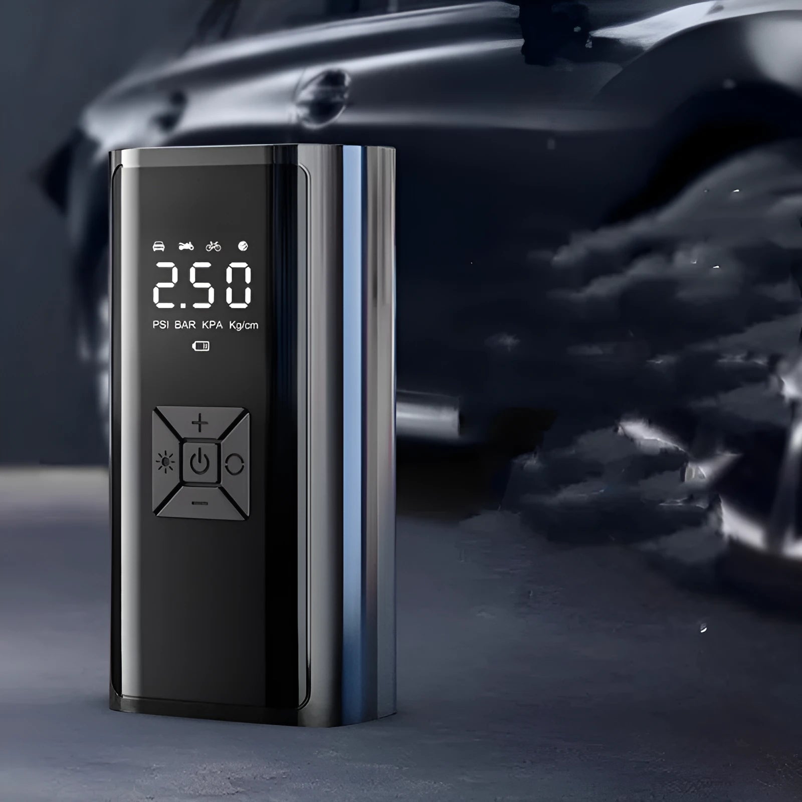 Portable wireless digital car tyre pump with display showing pressure reading