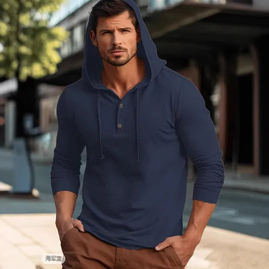 Cotton casual sports hoodie pullover in dark blue colour with long sleeves