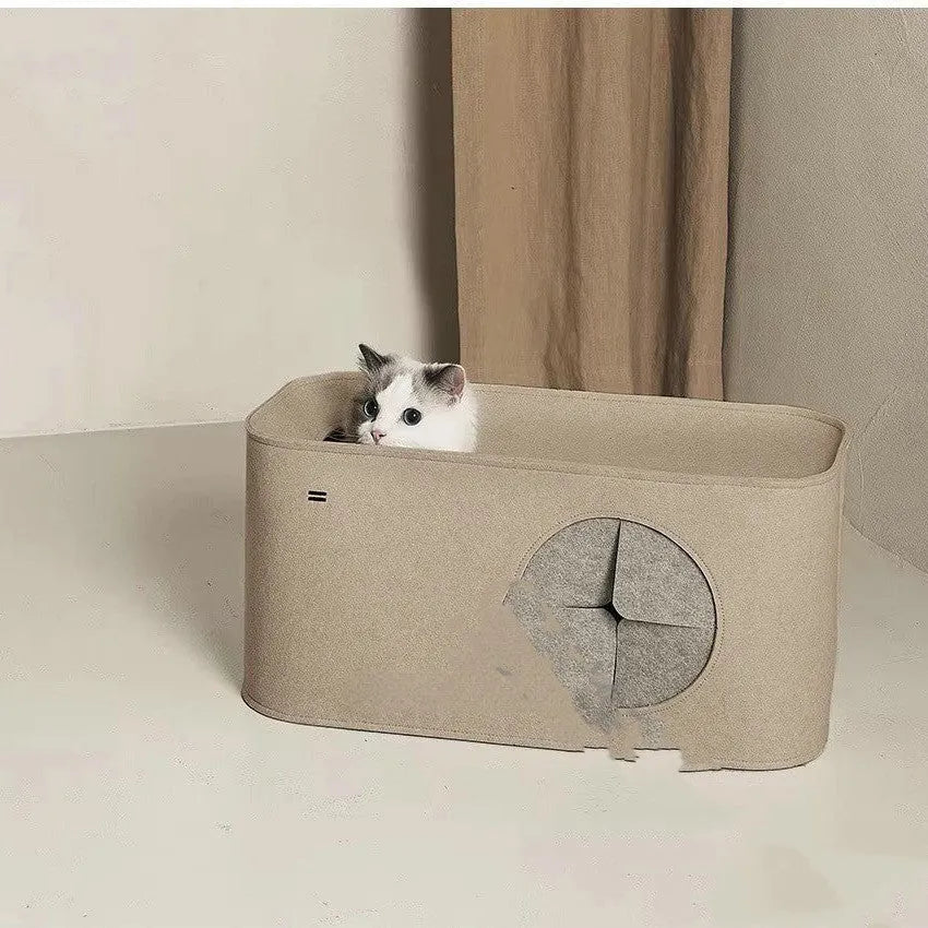 Foldable khaki felt cat nest shown in both bed and enclosed cage configurations.
