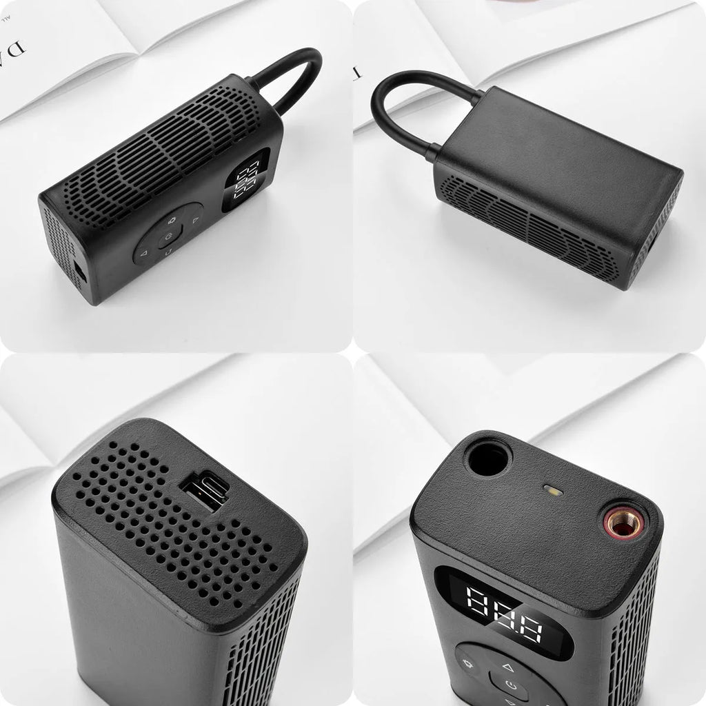 Black cuboid portable power bank tyre inflator with USB cable and extended inflation tube