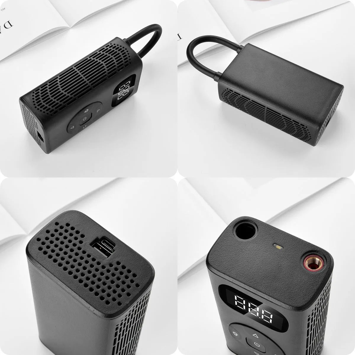 Black cuboid portable power bank tyre inflator with USB cable and extended inflation tube