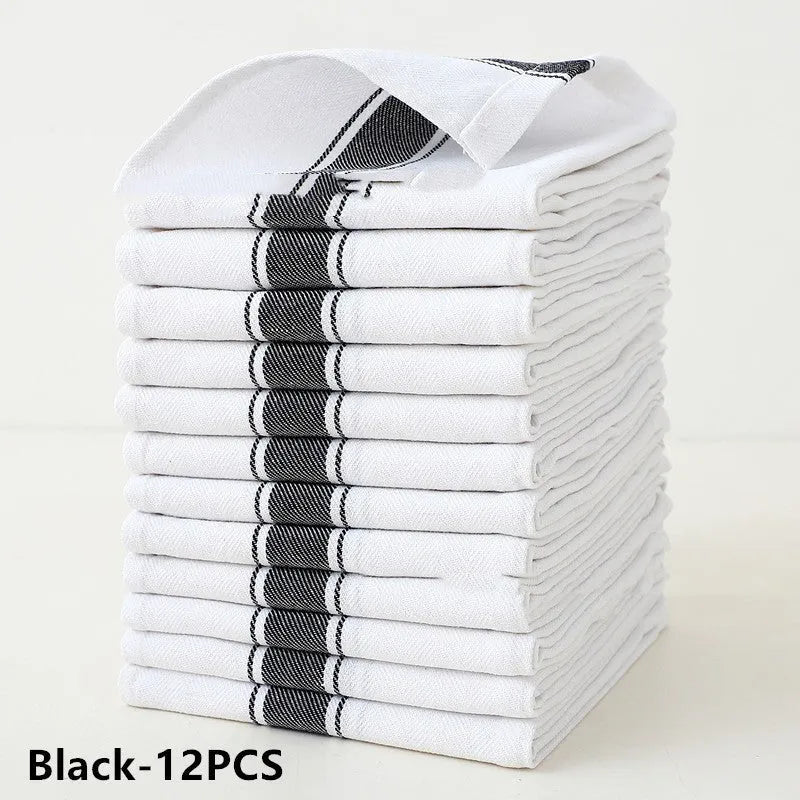 Set of twelve striped polyester cotton blended kitchen dish towels showing colour variations