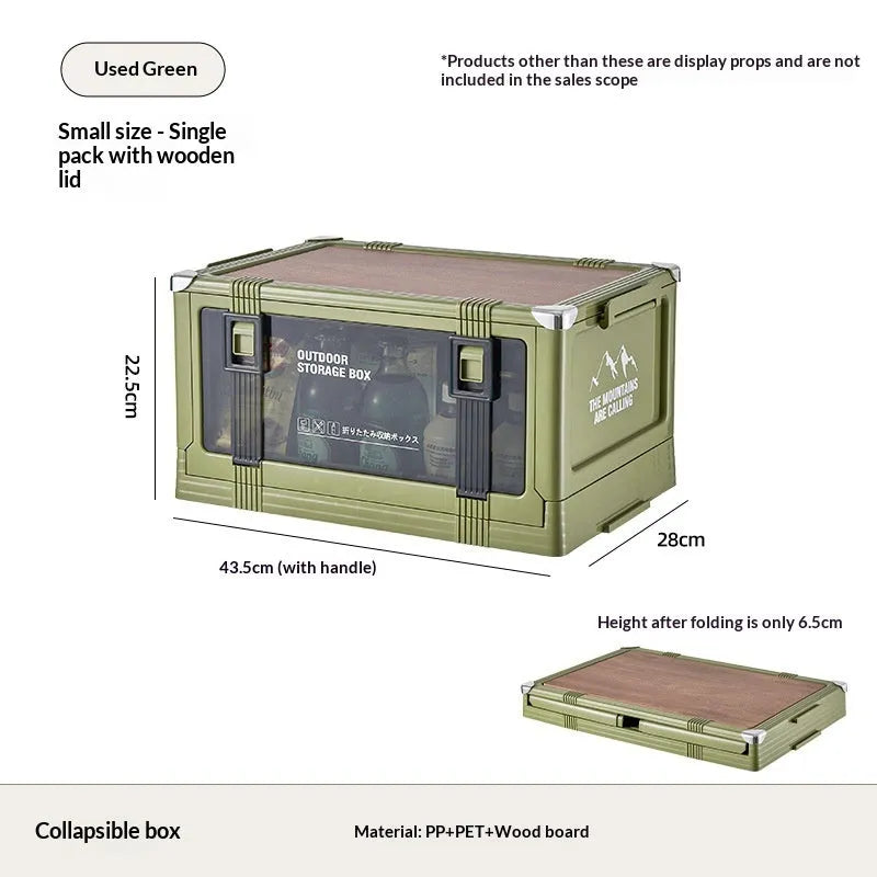 Outdoor camping folding plastic storage box with wooden lid in cream white for car trunk organisation
