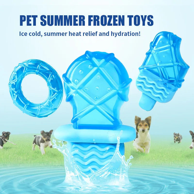 Set of three water-filled dog cooling toys in pacifier, popsicle and ring shapes