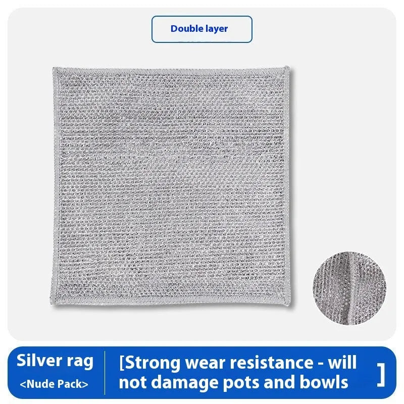 Silver silk and steel wire kitchen cleaning scrubber rag for pots and bowls.