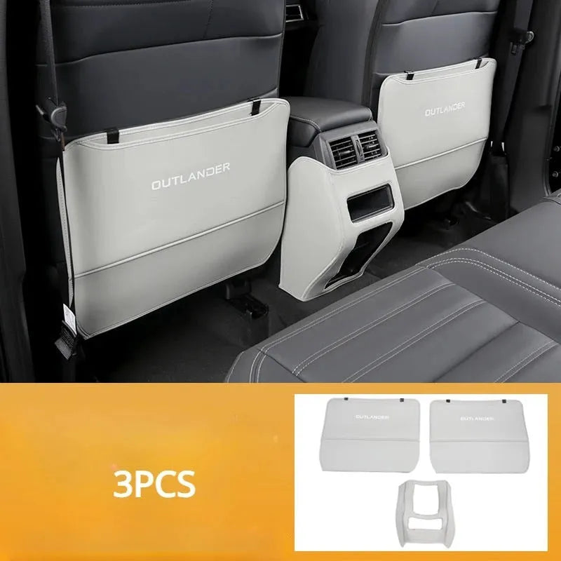 Three genuine leather anti-kick pads for Mitsubishi Outlander seat and console protection.