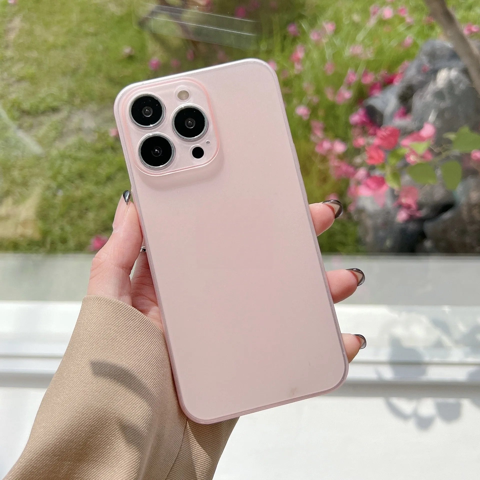Ultra-thin PC hard shell frosted phone case with all wrapped lens protection for Apple iPhone, transparent colour