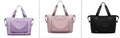 Foldable large capacity women gym bag in black with multiple pockets and shoulder strap
