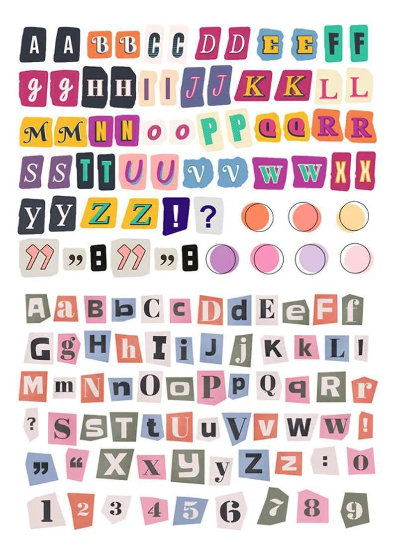 A4 sheet of colourful English alphabet, number, and word stickers in a cute style for decoration and organisation.