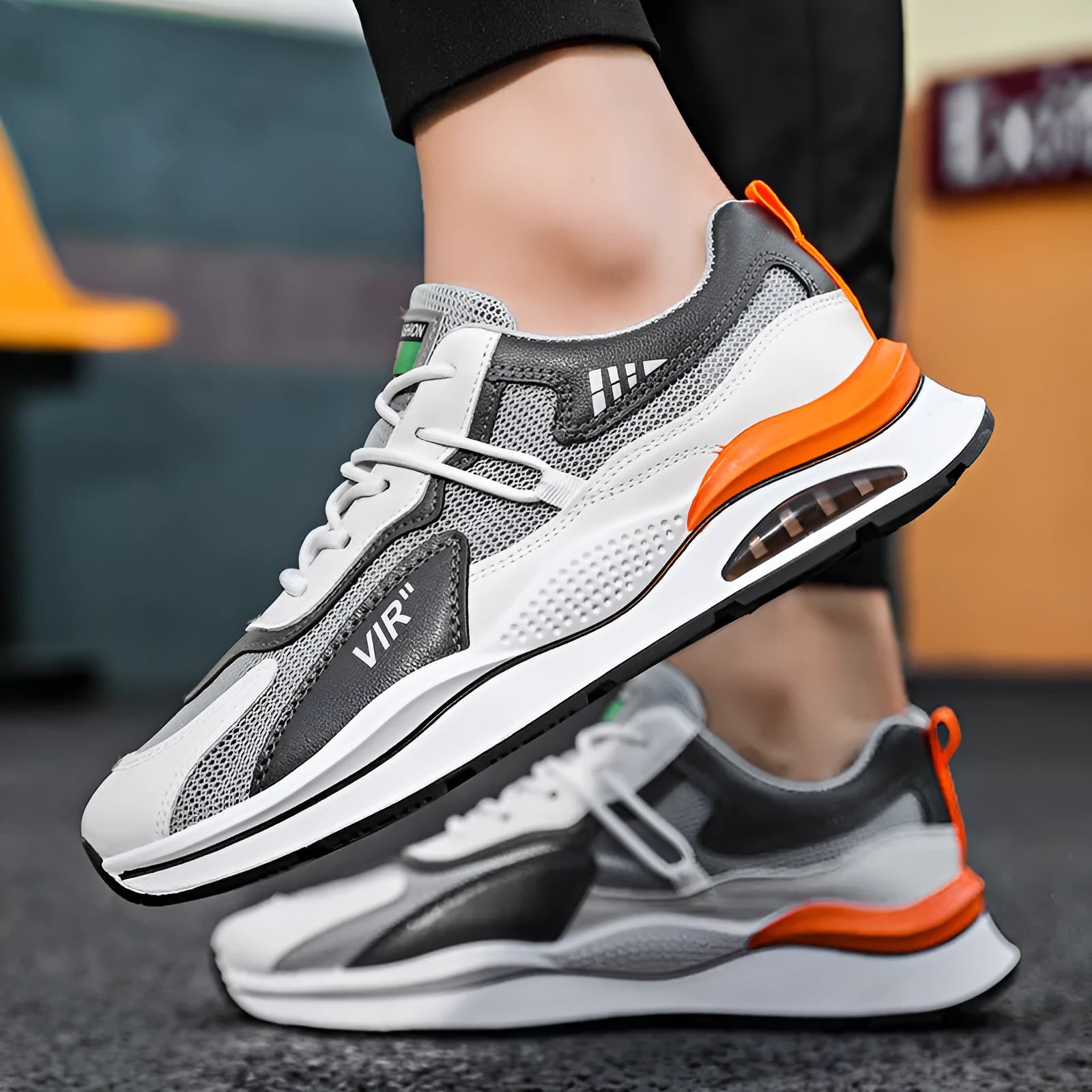 Men's grey mesh running shoes with round toe and lightweight sole for jogging