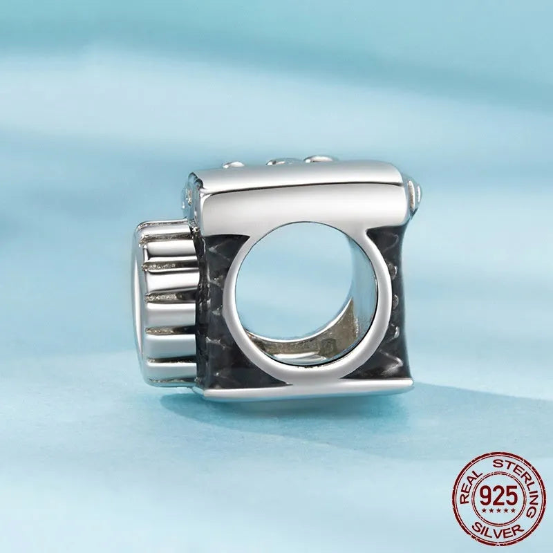 Zircon S925 sterling silver camera bead with dripping oil finish, height 0.8cm width 1.0cm aperture 0.45cm