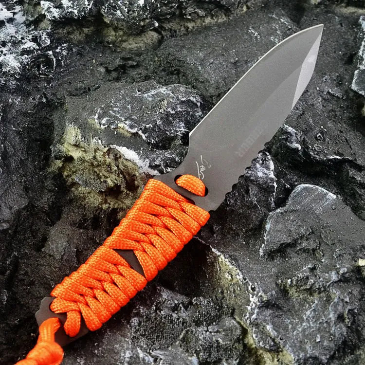 Outdoor straight knife with rope handle and ABS sheath showing 200mm length and sanded steel blade