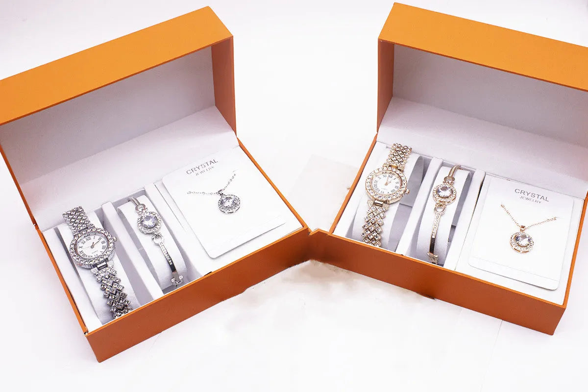 3-piece Rhinestone Watch Set With Bracelet And Necklace Alloy Quartz Watch Set Gold Silver Dial 3.2cm Strap Length 22.5cm Strap Width 1.5cm Glass Mirror OPP Simple Package Gift Set Jewellery Accessory Set Women