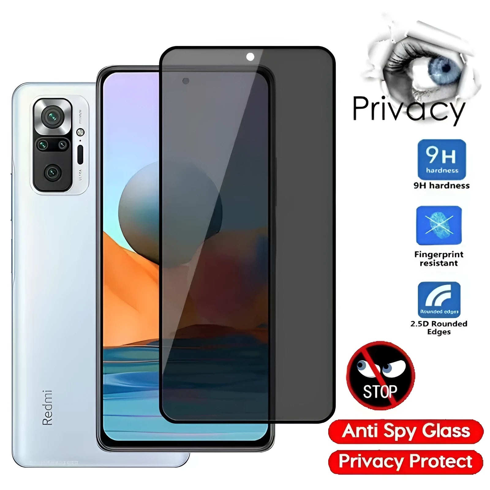 Anti-spy tempered glass screen protector for Xiaomi Poco and Redmi Note smartphones