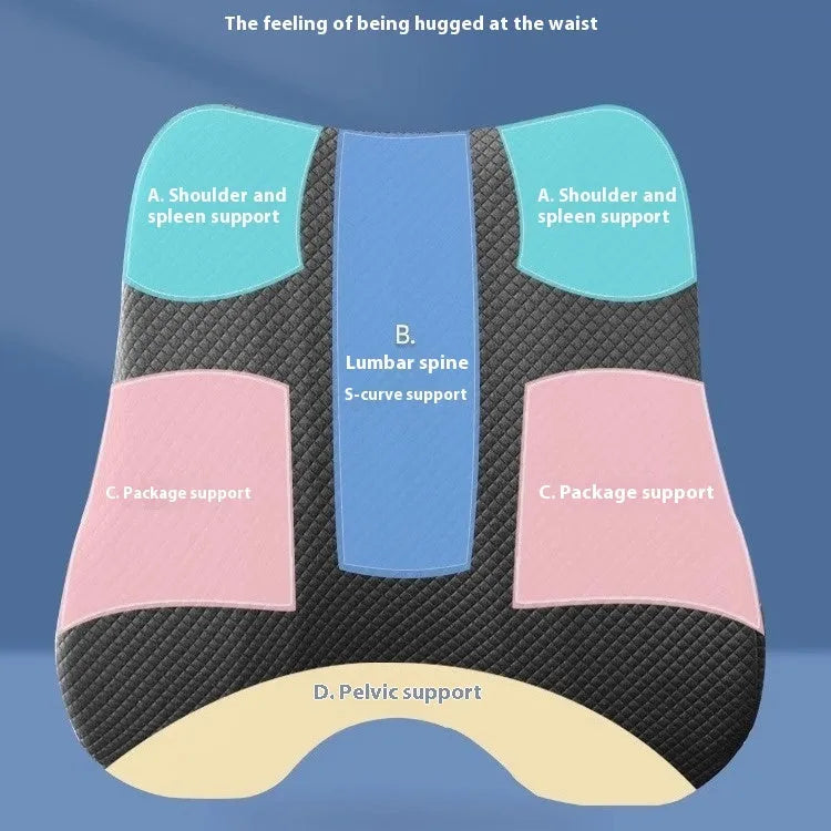Grey lumbar support cushion for office chair measuring 40cm by 40cm by 8cm thick.