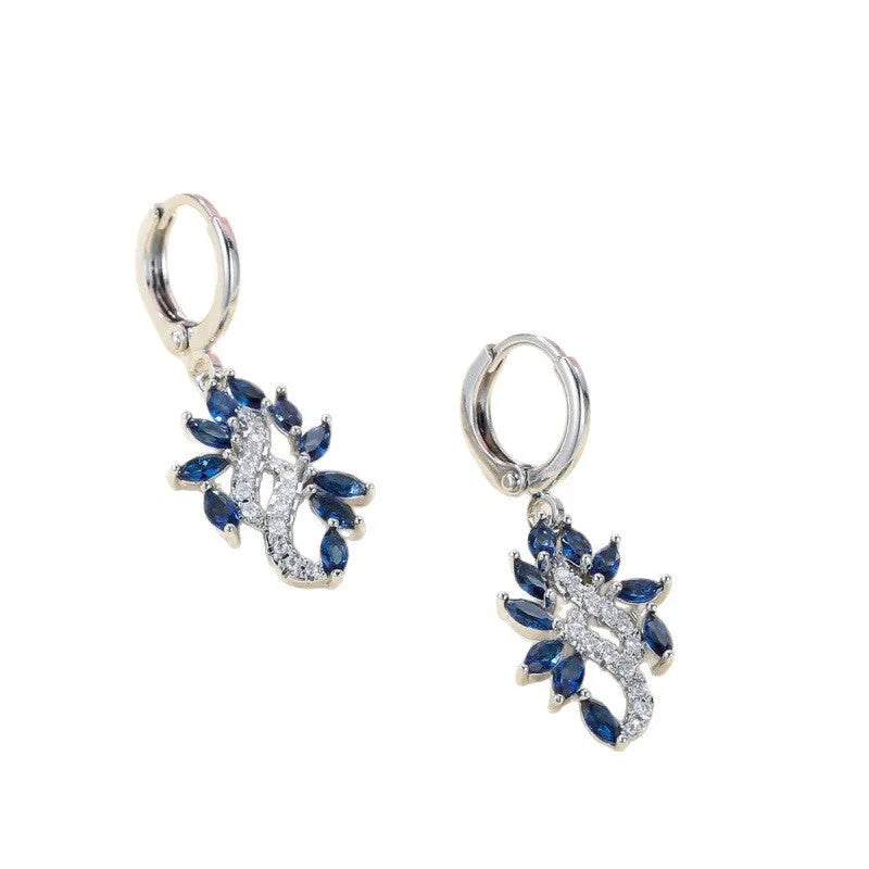 Women's alloy drop earrings with blue crystal stones in a platinum sapphire blue colour