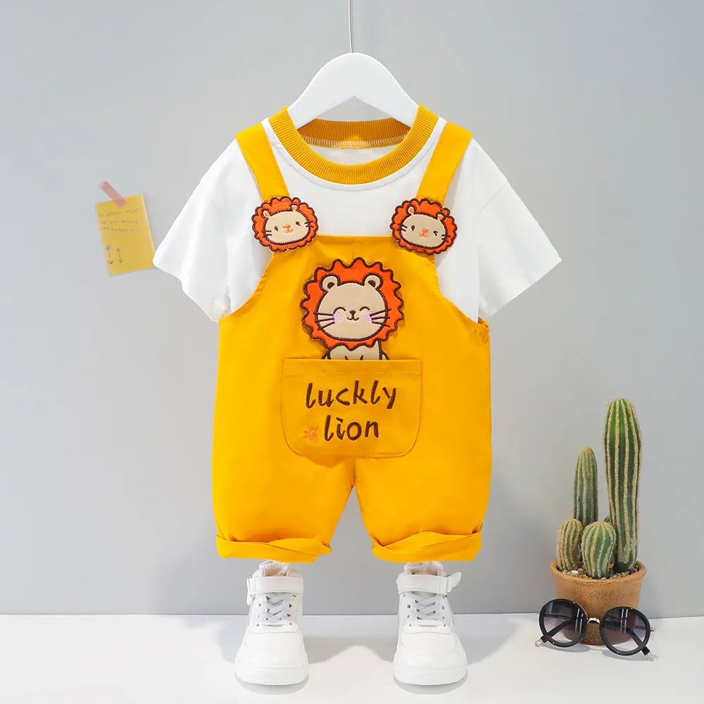 Cotton baby overalls with cartoon patterns in yellow, pink, and khaki colours