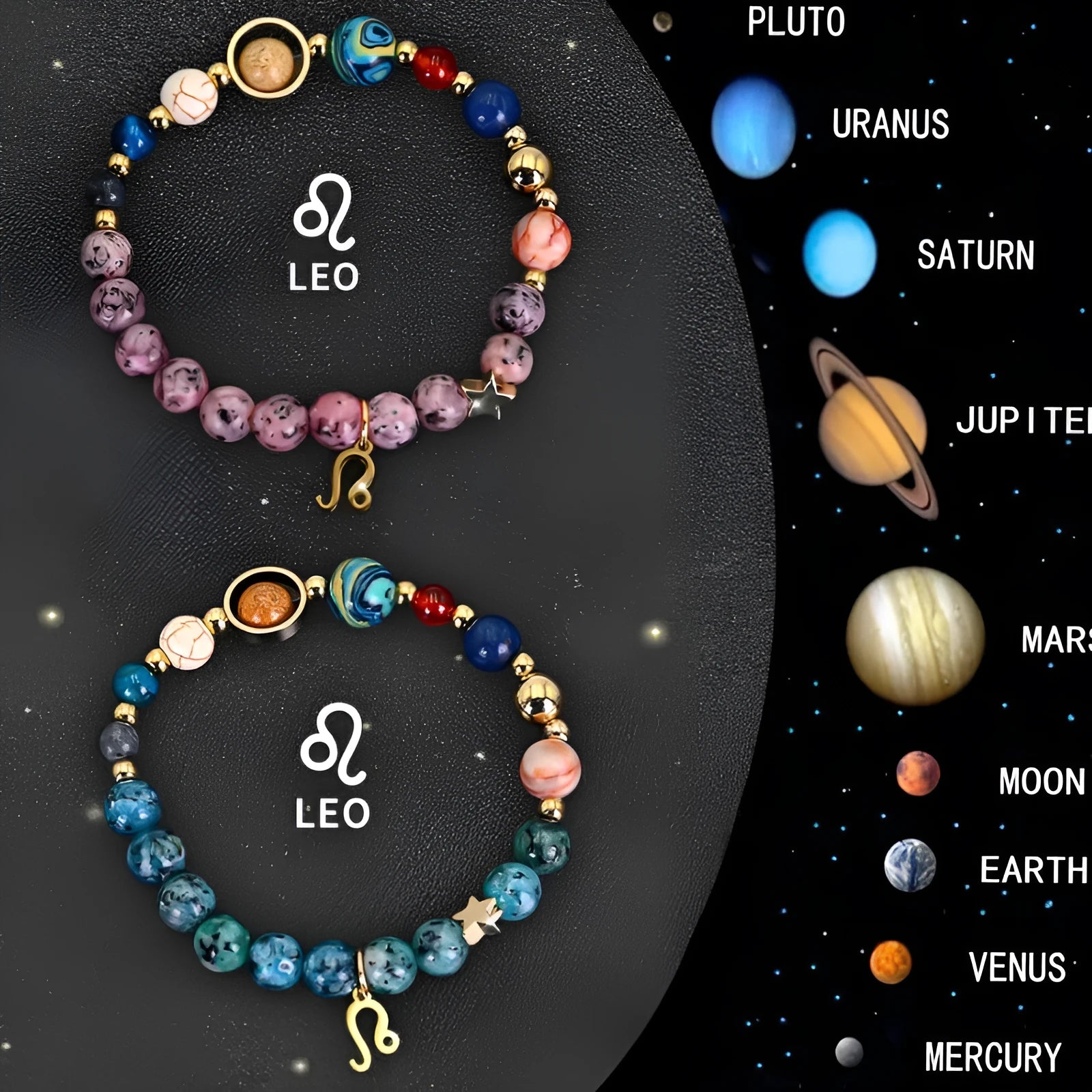 Two natural stone beaded bracelets for zodiac signs laid flat on a textured surface.