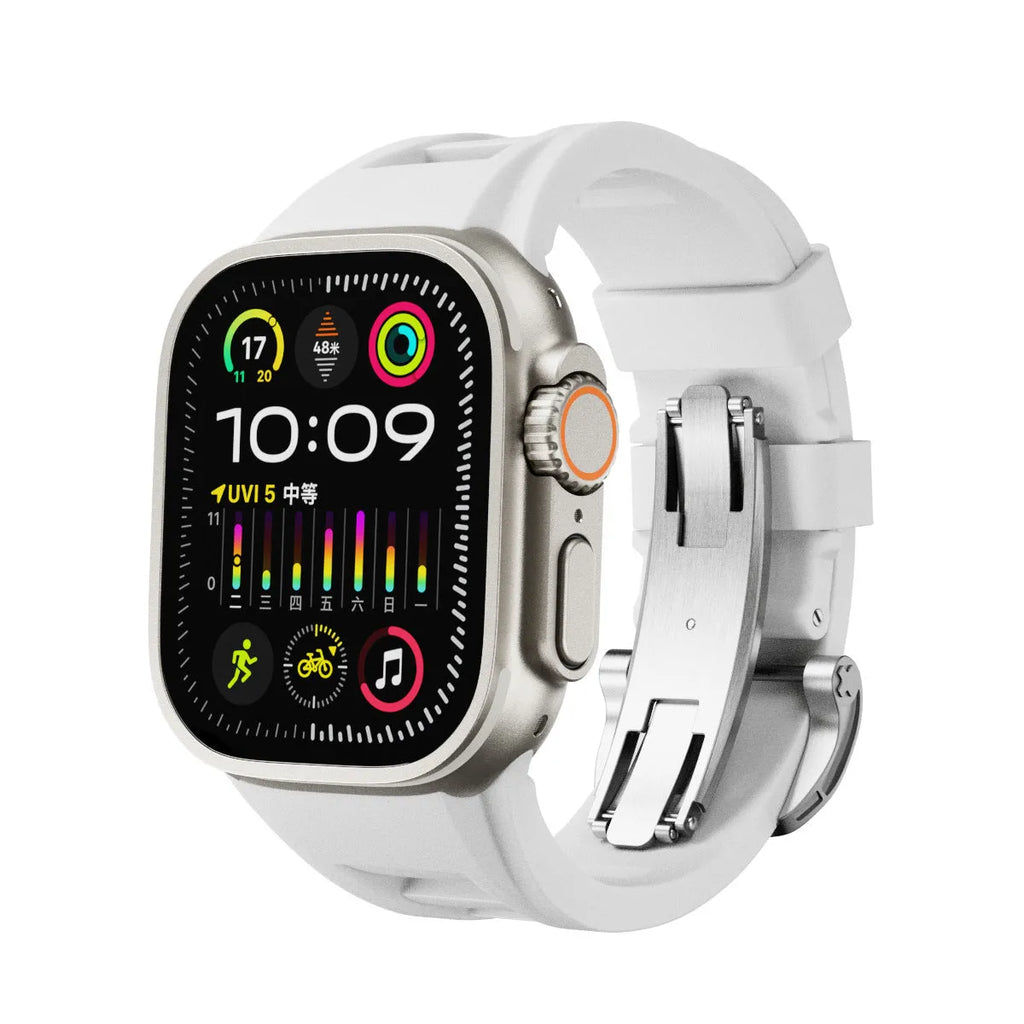 Orange liquid silicone watch strap with silver folding buckle for 42-49mm smartwatch case